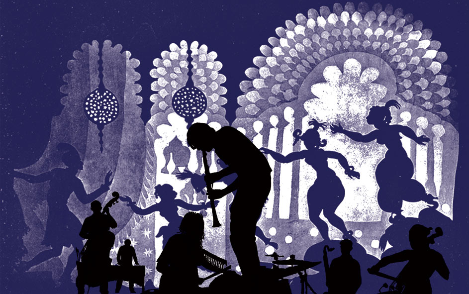 Image of Arun Ghosh and musicians in silhouette with Prince Achmed backdrop